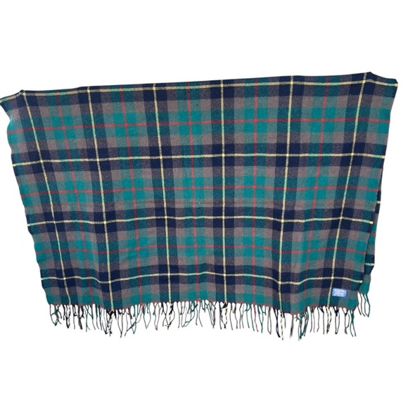 VTG Pendleton Wool Fringed Stadium Blanket Throw Green Blue Plaid 56x68 HOLES - Picture 1 of 16